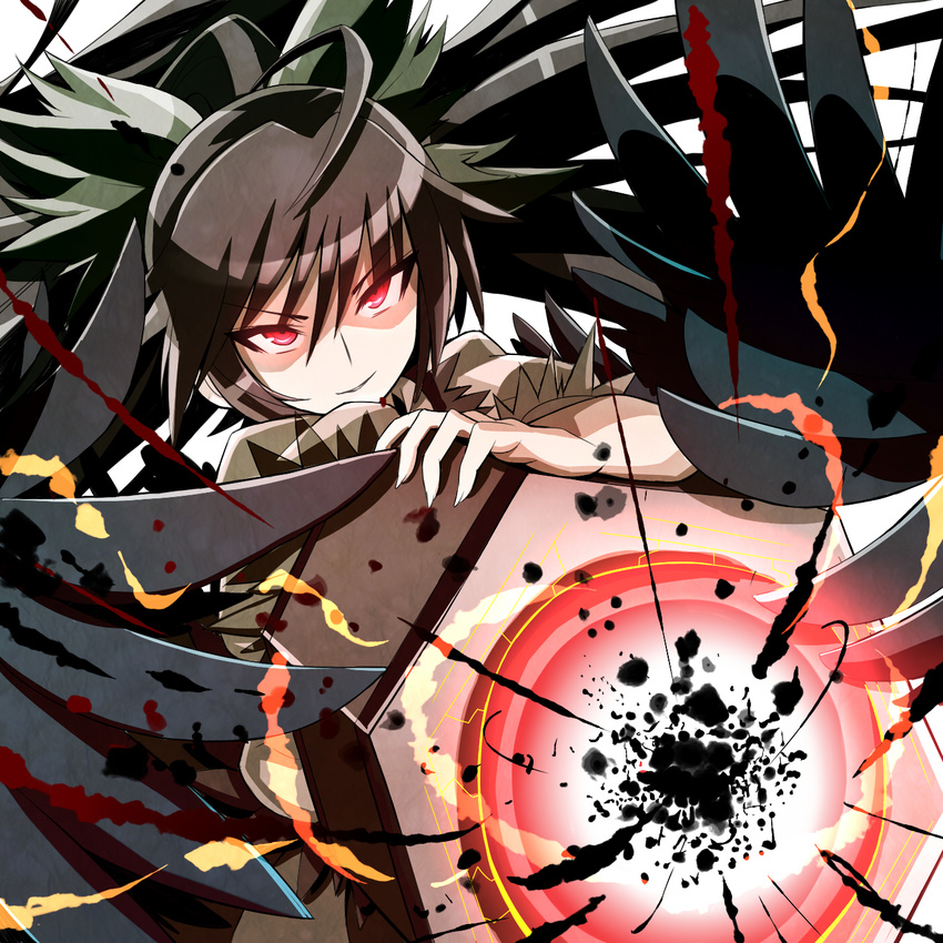 arm_cannon black_hair black_wings bow givuchoko hair_bow highres md5_mismatch red_eyes reiuji_utsuho smile solo touhou weapon wings