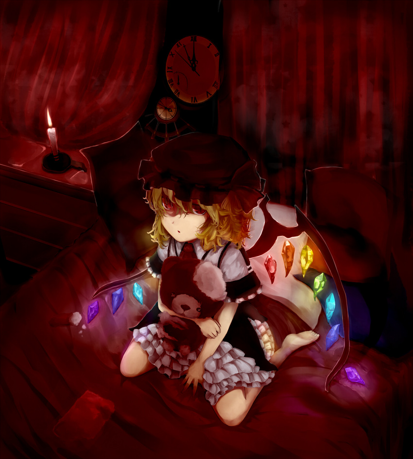 analog_clock ascot bangs bare_legs blonde_hair candle clock couch curtains dress fire flame flandre_scarlet frills from_above glowing glowing_wings hair_between_eyes hat highres looking_up open_mouth pen_(pixiv257621) pillow red_eyes roman_numerals short_hair sitting slit_pupils solo star stuffed_animal stuffed_toy stuffing teddy_bear touhou wariza wings