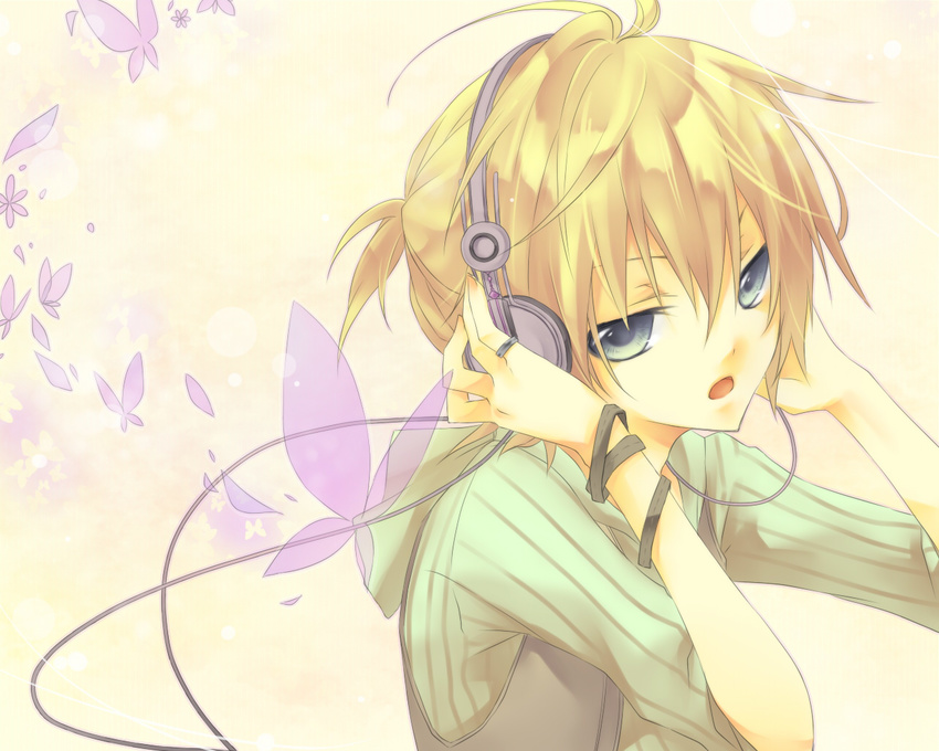 blonde_hair blue_eyes bug butterfly headphones hood insect jewelry kagamine_len kuroi_(liar-player) male_focus migikata_no_chou_(vocaloid) open_mouth ribbon ring solo vest vocaloid wrist_ribbon