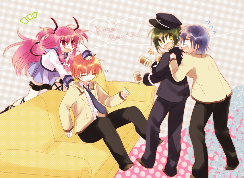 3boys =_= angel_beats! bad_id bad_pixiv_id can coffee couch harmonia hat hinata_(angel_beats!) long_hair multiple_boys naoi_ayato open_mouth otonashi_(angel_beats!) school_uniform serafuku shinda_sekai_sensen_uniform short_hair twintails wavy_mouth yui_(angel_beats!)