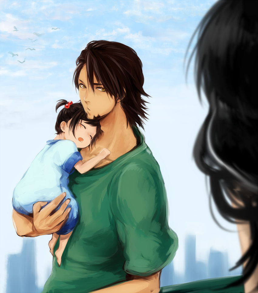 2girls baby bad_id bad_pixiv_id brown_eyes brown_hair carrying child_carry drooling facial_hair father_and_daughter goatee hair_bobbles hair_ornament highres kaburagi_kaede kaburagi_t_kotetsu kaburagi_tomoe mochi_mocchi multiple_girls short_hair side_ponytail sleeping tiger_&amp;_bunny younger