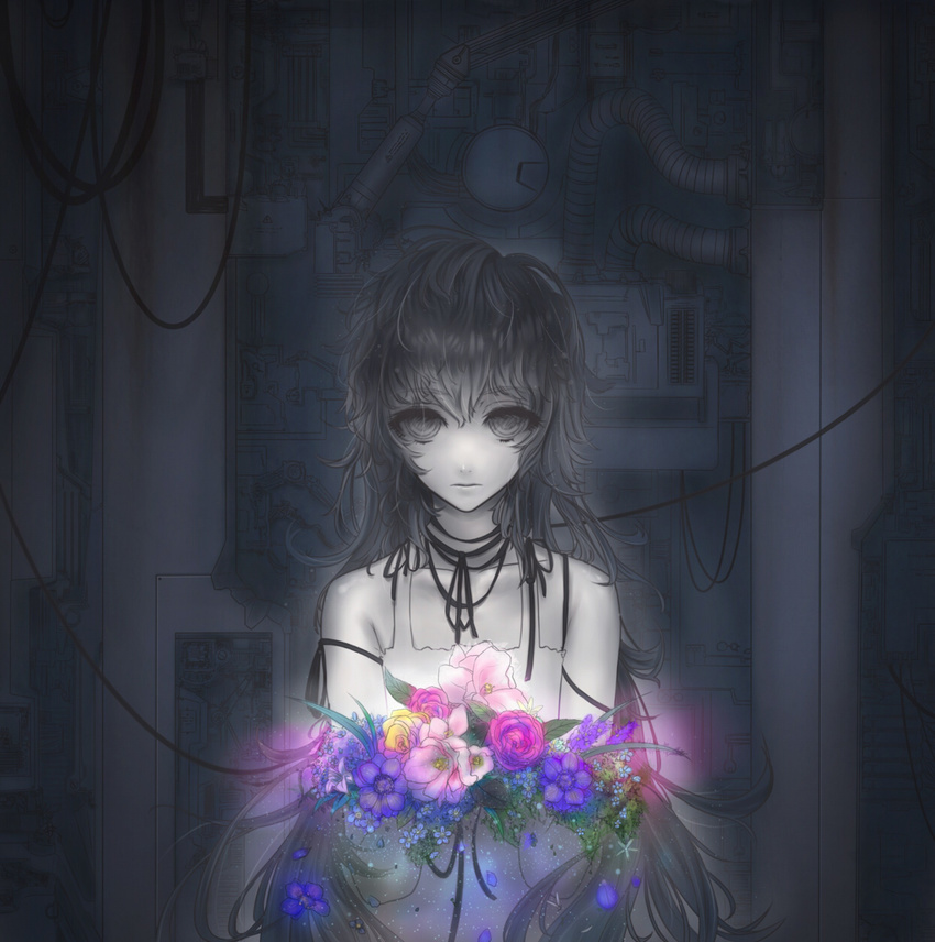 bare_shoulders bouquet collarbone dress expressionless flower grey_skin hair_between_eyes highres holding holding_flower indoors jewelry long_hair looking_at_viewer machinery messy_hair mins_(minevi) neck_ring original pale_skin ribbon sad sleeveless sleeveless_dress solo spot_color string upper_body