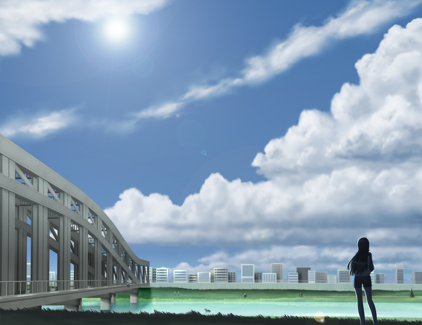 6+boys arakawa_under_the_bridge backlighting bridge cloud day hoshi_(arakawa) ichinomiya_kou iron_brothers_(arakawa) kappa_(arakawa) lens_flare multiple_boys nino_(arakawa) river scenery shiro_(arakawa) siraha sister_(arakawa) sky skyline sun