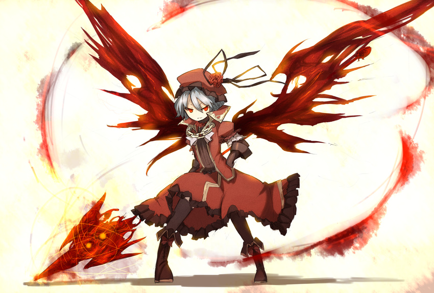 alternate_costume bad_id bad_pixiv_id boots chain demon_wings flower ganesagi gloves hand_on_hip hat highres polearm red red_eyes red_wings remilia_scarlet rose solo spear spear_the_gungnir touhou weapon wings