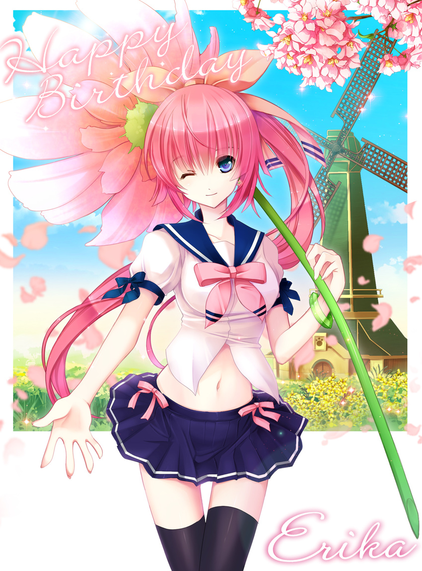 beckoning cherry_blossoms flower hana_(pangya) highres long_hair looking_at_viewer midriff navel one_eye_closed outstretched_arm outstretched_hand oversized_object pangya petals ponytail school_uniform serafuku smile solo thigh_gap thighhighs very_long_hair windmill yuuki_kira zettai_ryouiki