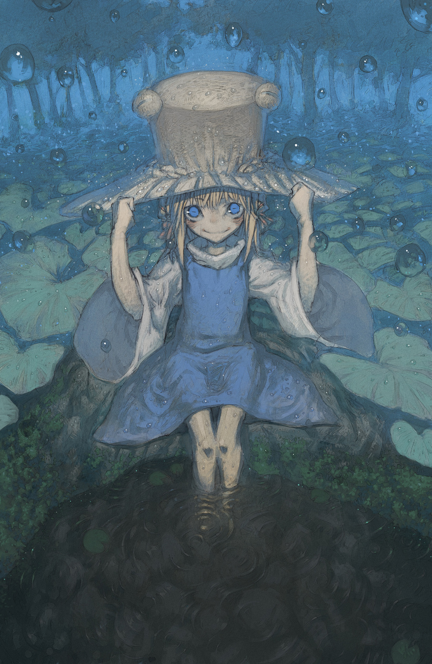 bad_id bad_pixiv_id bangs big_hat blonde_hair blue_dress blue_eyes brown_hat chomoran closed_mouth dress eyes hair_ribbon hands_on_headwear hands_up hat highres horizontal_pupils leaf lily_pad long_sleeves looking_at_viewer moriya_suwako moss nature night pinafore_dress pond red_ribbon ribbon ripples shirt short_dress short_hair sitting smile solo touhou tress_ribbon turtleneck water water_drop wet white_shirt wide_sleeves