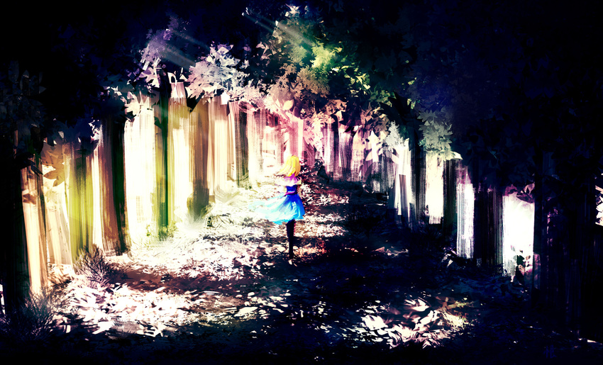 alice_margatroid blonde_hair forest from_behind highres light_rays nature short_hair solo sunbeam sunlight touhou urami walking wind