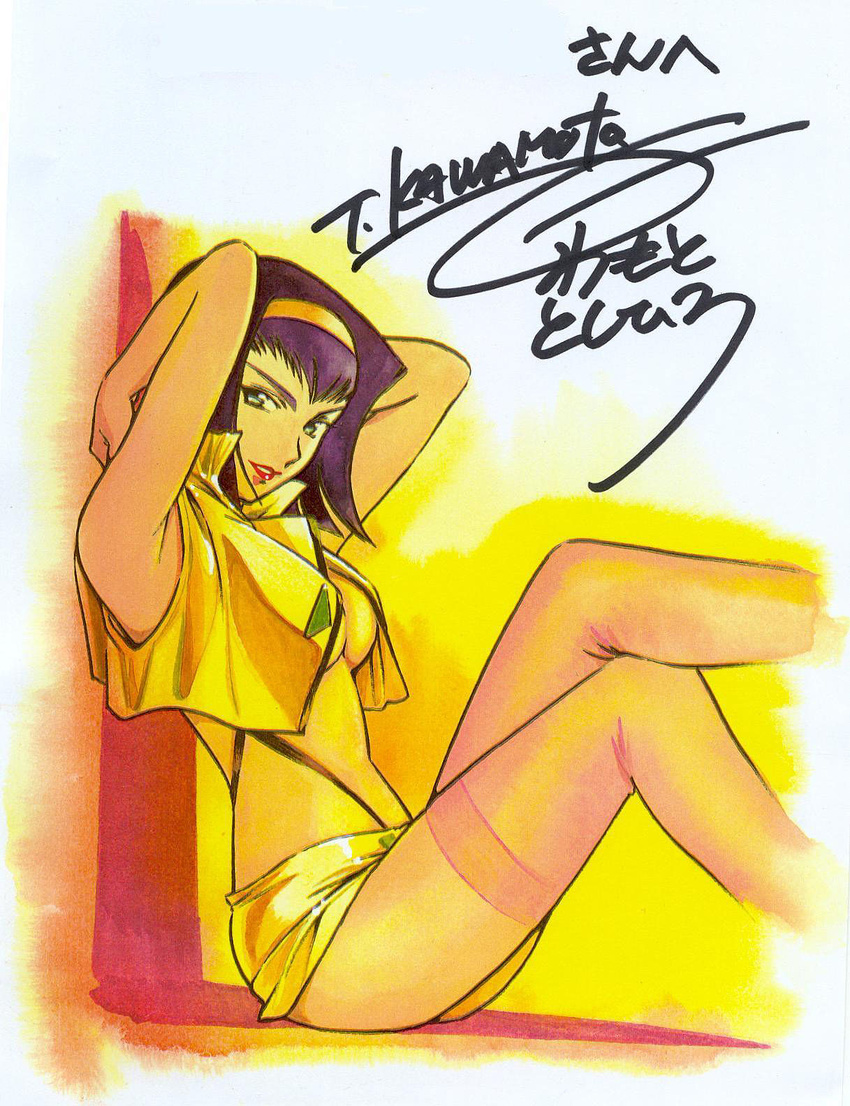 1girl armpits arms_up breasts cleavage cowboy_bebop faye_valentine female highres legs_crossed lipstick looking_at_viewer makeup open_clothes pantyhose purple_hair shorts sitting solo suspenders thighhighs zettai_ryouiki