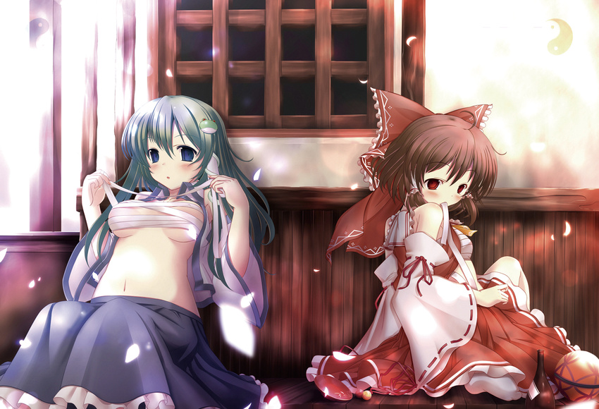 bare_shoulders blue_eyes blush bow breasts brown_hair detached_sleeves green_hair hair_bow hakurei_reimu highres kaisu kochiya_sanae medium_breasts mouth_hold multiple_girls navel petals red_eyes ribbon sarashi sitting touhou underboob window yin_yang