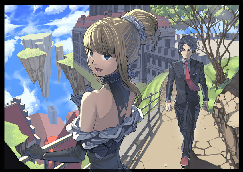 1girl back blonde_hair blue_eyes castle dress elbow_gloves floating_island formal gloves heart heart_cutout highres jacket kurumayama looking_back necktie original ponytail suit wind