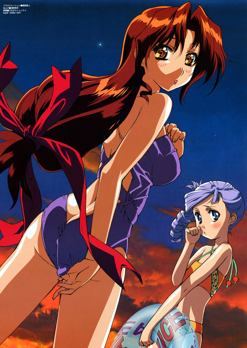 adjusting_clothes adjusting_swimsuit ass back blush breasts brown_hair butt_crack casual_one-piece_swimsuit cloud drill_hair dutch_angle eclair_(kiddy_grade) embarrassed flat_chest from_behind hair_ribbon highres hosoda_naoto innertube kiddy_grade large_breasts lipstick long_hair looking_back lumiere makeup multiple_girls night night_sky non-web_source official_art one-piece_swimsuit outdoors ponytail pout purple_eyes purple_hair ribbon sky sunset swimsuit tankini yellow_eyes