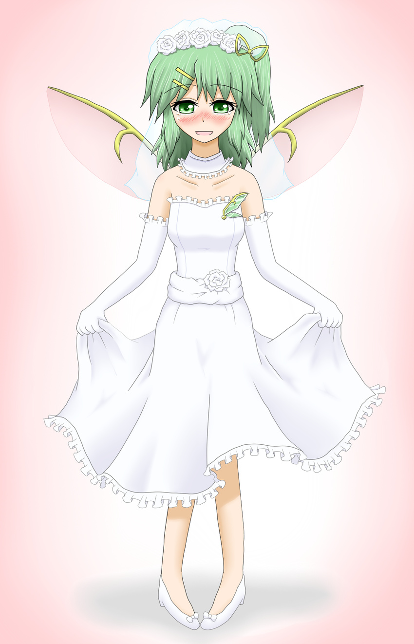 alternate_costume blush daiyousei dress elbow_gloves gloves green_eyes hair_ornament hairpin happy highres pakira solo standing tears touhou wedding_dress white_gloves wings