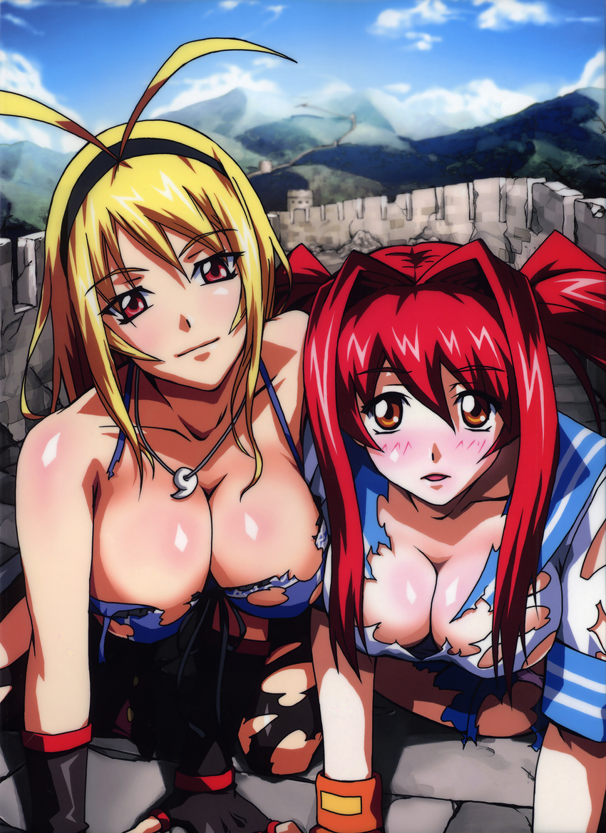 2girls antenna_hair artist_request blonde_hair blush breasts brown_eyes chou-sen chousen chousen_(ikkitousen) cleavage fingerless_gloves gloves hairband highres ikkitousen ikkitousen_eloquent_fist jewelry kanpei large_breasts magatama multiple_girls necklace red_hair school_uniform seifuku smile torn_clothes twintails