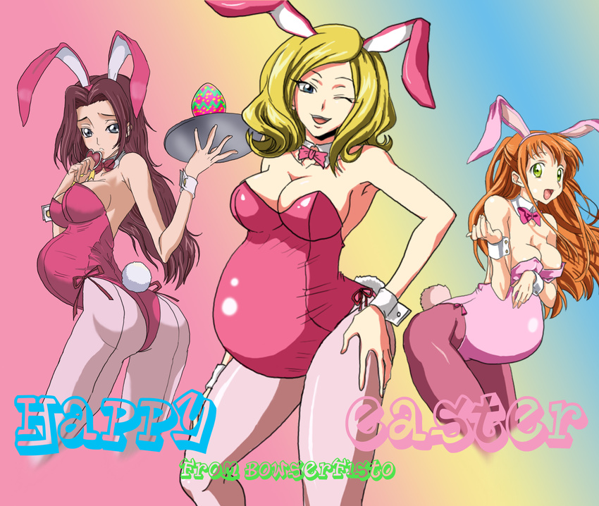 animal_ears ass blonde_hair blue_eyes bow bowtie breast_hold breasts bunny_ears bunny_tail bunnysuit cleavage code_geass cuffs easter easter_egg egg green_eyes heart highres kallen_stadtfeld large_breasts long_hair milly_ashford multiple_girls non-web_source one_eye_closed open_mouth orange_hair pantyhose pregnant red_hair shirley_fenette tail third-party_edit tray