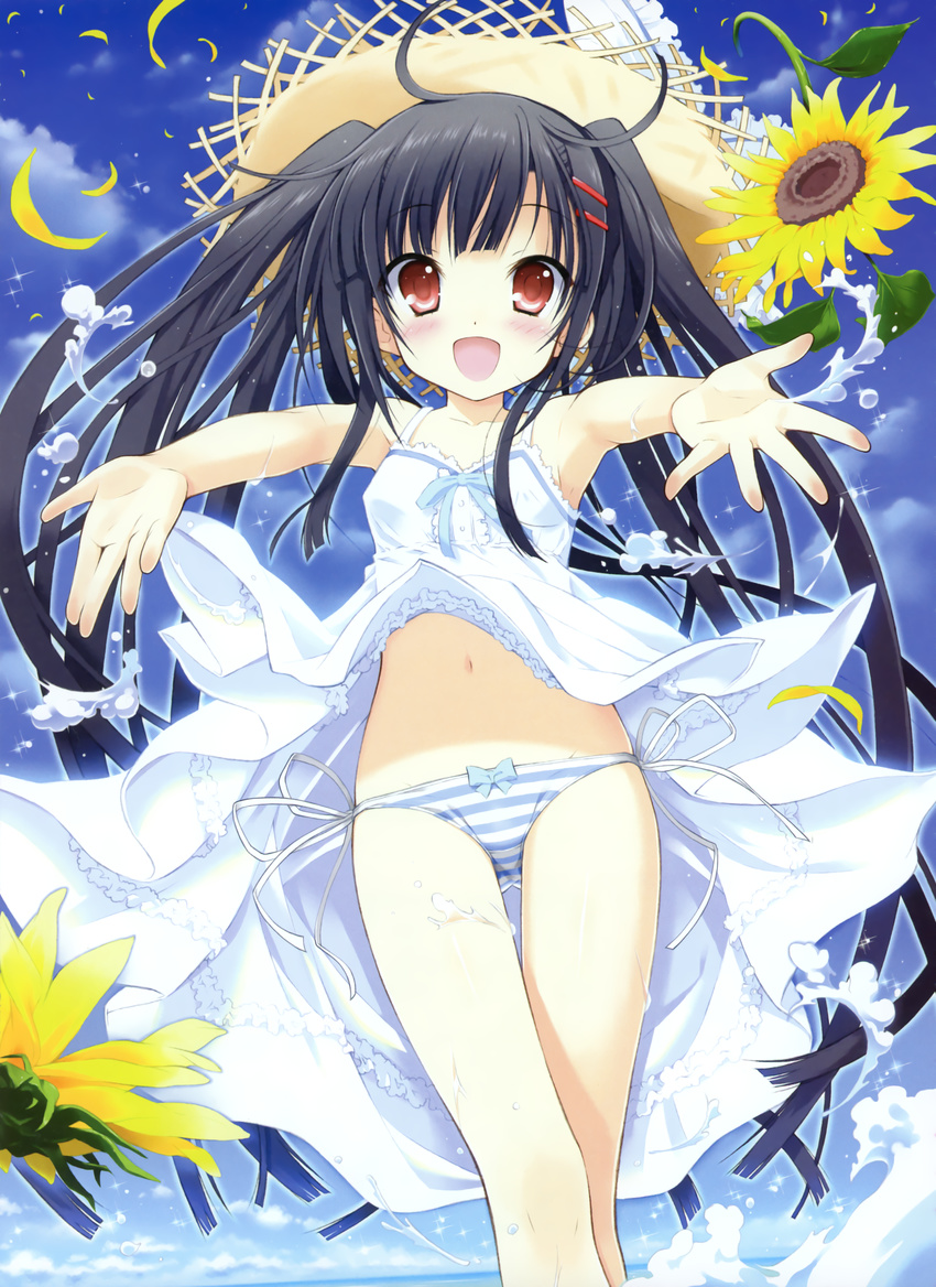 :d absurdres armpits black_hair blush bow bow_panties day dokidoki_sister_aoi-chan dress flower hair_ornament hairclip hat highres kohinata_aoi_(dokidoki_sister_aoi-chan) long_hair looking_at_viewer navel open_mouth original outdoors outstretched_hand panties red_eyes ribbon side-tie_panties smile solo sparkle straw_hat string_panties striped striped_panties sundress sunflower takahashi_tetsuya twintails underwear very_long_hair water