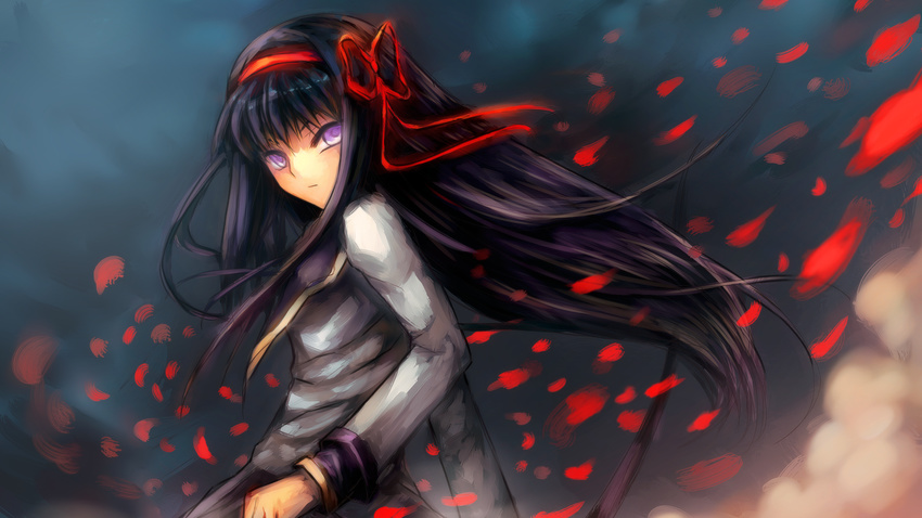 akemi_homura black_hair bow bow_(weapon) hair_bow long_hair mahou_shoujo_madoka_magica petals purple_eyes purple_hair signomi solo wallpaper weapon