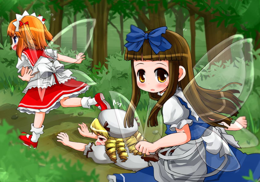blonde_hair blue_eyes blush bobby_socks bow brown_eyes brown_hair bu-n child dress drill_hair fairy_wings fallen_down forest hair_bow hair_ribbon hat hikami_izuto hime_cut long_hair luna_child mary_janes multiple_girls nature outstretched_arms puffy_short_sleeves puffy_sleeves red_eyes ribbon running shoes short_hair short_sleeves socks spread_arms star_sapphire sunny_milk touhou tripping two_side_up wings