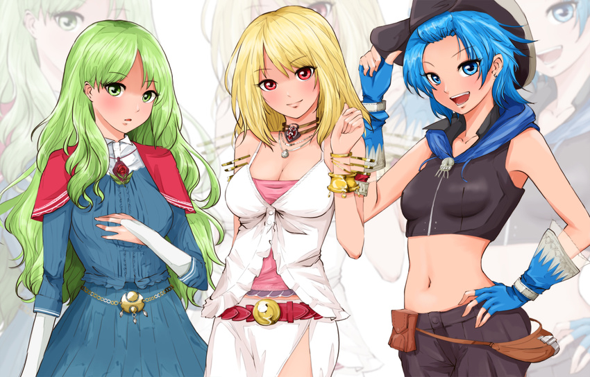 :d bad_id bad_pixiv_id belt blonde_hair blue_eyes blue_hair blush bracelet breasts bridal_gauntlets character_request cleavage copyright_request earrings fingerless_gloves gloves green_eyes green_hair hand_on_headwear hand_on_hip hat jewelry long_hair medium_breasts midriff multiple_girls navel necklace open_mouth pouch red_eyes saijou_hirokazu short_hair side_slit smile zoom_layer