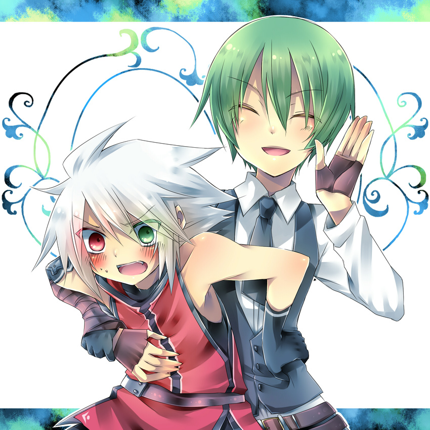 :o ^_^ belt black_gloves blazblue blush closed_eyes colored_eyelashes embarrassed fingerless_gloves formal gloves green_eyes green_hair hazama heterochromia highres multiple_boys necktie open_mouth ragna_the_bloodedge red_eyes sidelocks spiked_hair suit takamiya_ren white_hair