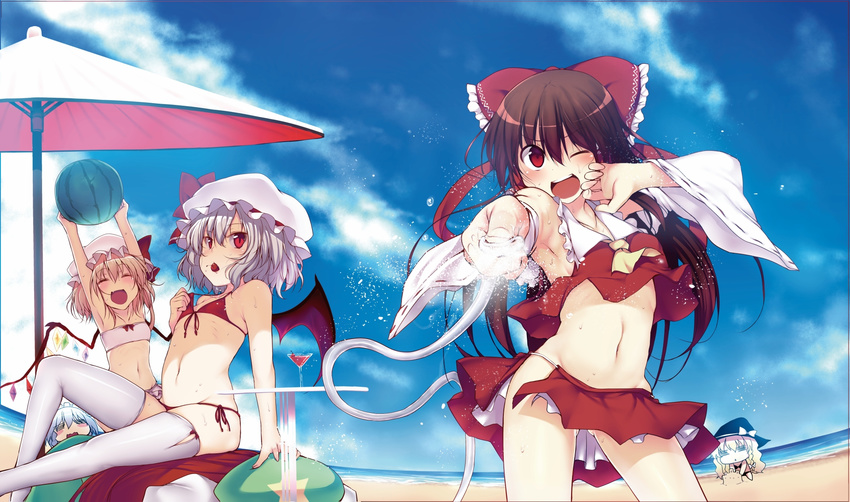 :d ;d =_= \o/ adapted_costume armpits arms_up ascot bad_id bad_pixiv_id bare_shoulders bat_wings beach bikini blonde_hair blue_hair blush blush_stickers bow braid brown_eyes brown_hair cherry chibi closed_eyes cloud cocktail day detached_sleeves fang fisheye flandre_scarlet flat_chest food fruit glass hair_bow hair_tubes hakurei_reimu happy hat highres hip_bones hips hong_meiling hose hot izayoi_sakuya kirisame_marisa long_hair maid_headdress midriff mouth_hold multiple_girls navel no_panties one_eye_closed open_mouth outdoors outstretched_arms red_bikini red_eyes red_hair red_sarong remilia_scarlet sand sand_castle sand_sculpture sarong short_hair side_ponytail silver_hair sitting sky smile suga_hideo swimsuit table thighhighs touhou twin_braids umbrella water watermelon wavy_mouth white_legwear wings
