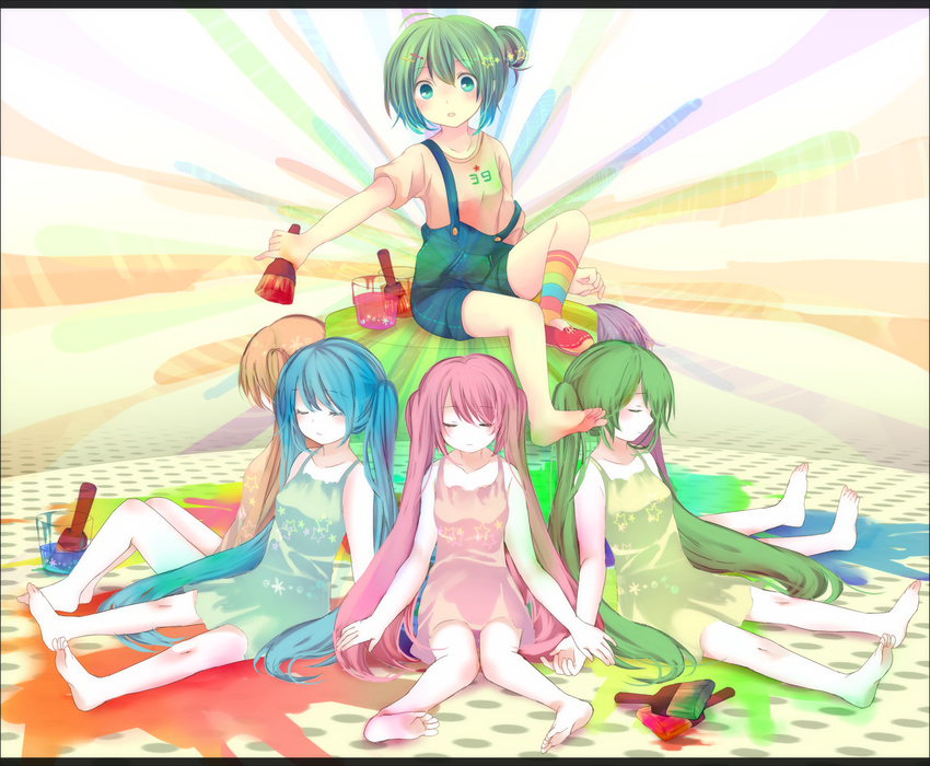 bad_id bad_pixiv_id barefoot closed_eyes dress feet hatsune_miku highres long_hair maimu_(polka) multiple_girls paint paintbrush sitting strap_slip suspenders twintails very_long_hair vocaloid younger