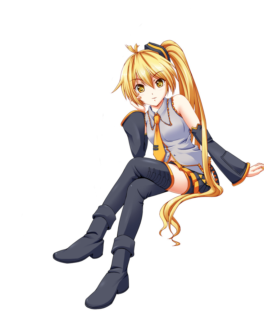 akita_neru ankle_boots black_legwear blonde_hair boots colorized crossed_legs detached_sleeves highres legs long_hair nail_polish necktie ponytail side_ponytail sitting skirt smile solo thighhighs very_long_hair vocaloid wata_(akawata) yellow_eyes yellow_nails yellow_neckwear