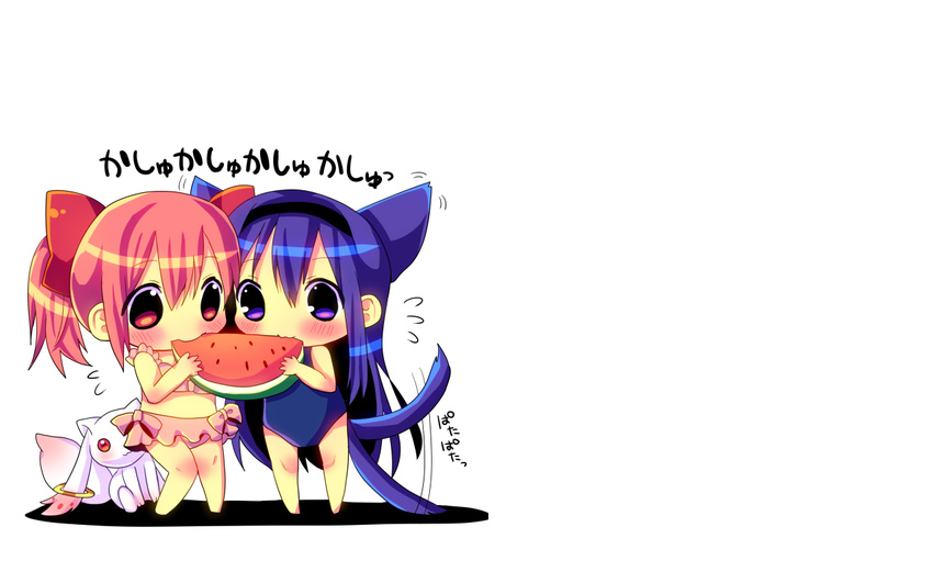 :3 akemi_homura animal_ears bikini blue_eyes blue_hair blush catgirl chibi food hina_hina kaname_madoka kyuubee mahou_shoujo_madoka_magica pink_eyes pink_hair swimsuit tail twintails white