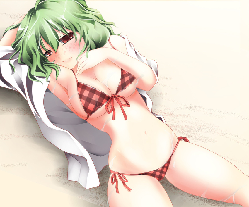 bikini blush breasts bunchin_(siso_junzy) cleavage front-tie_top green_hair kazami_yuuka large_breasts open_clothes open_shirt plaid red_eyes shirt short_hair side-tie_bikini sideboob skindentation solo swimsuit touhou underboob