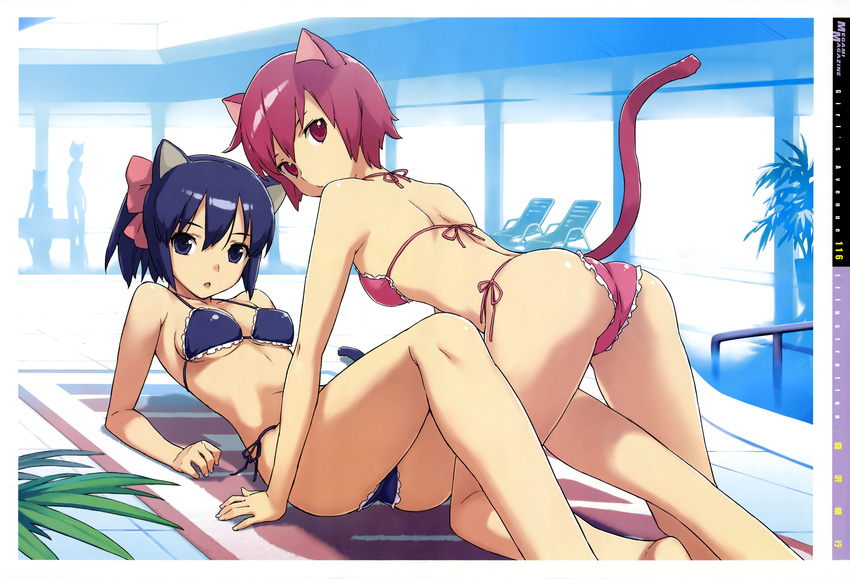 absurdres all_fours animal_ears ass bikini bow cat_ears cat_tail chair day frilled_bikini frills girl's_avenue girl_on_top hair_bow highres leg_between_thighs looking_at_viewer looking_back lounge_chair megami morisawa_haruyuki multiple_girls non-web_source purple_eyes purple_hair red_eyes red_hair short_hair side-tie_bikini silhouette swimsuit tail