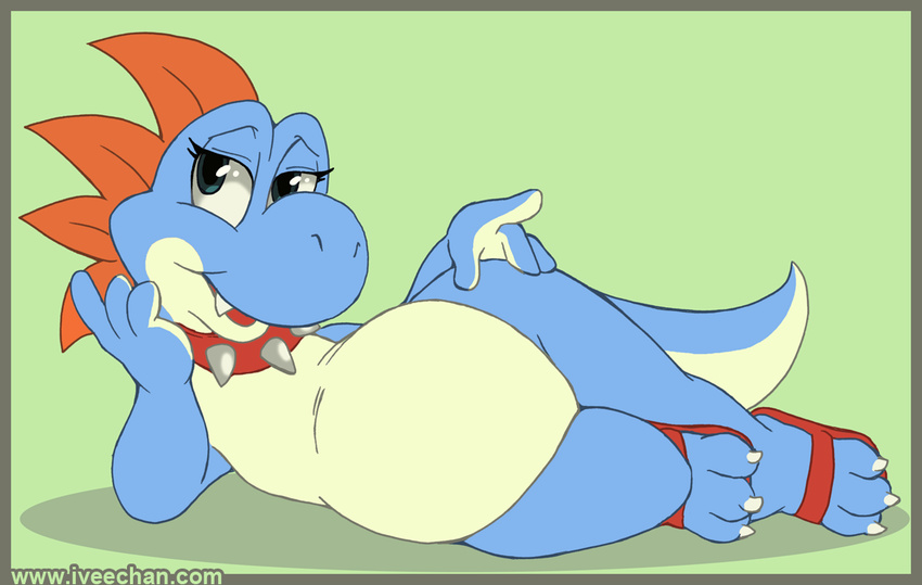 blue blue_body blue_eyes blue_yoshi boshi chubby claws collar dinosaur fat female iveechan looking_at_viewer mario_bros nintendo overweight pose sandals scalie solo tail video_games yoshi