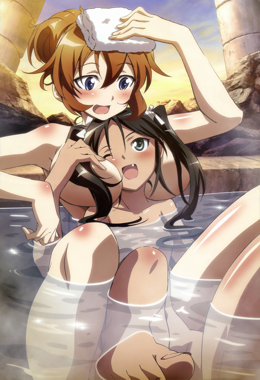 ;d absurdres barefoot bath between_breasts black_hair blush breast_pillow breasts brown_hair censored charlotte_e_yeager cleavage cloud convenient_censoring convenient_leg dark_skin fang feet flat_chest foreshortening francesca_lucchini green_eyes hair_censor hair_over_breasts highres large_breasts long_hair multiple_girls non-web_source nude nyantype official_art one_eye_closed open_mouth partially_submerged sky smile strike_witches tamura_masafumi toes towel towel_on_head twilight twintails water white_towel world_witches_series