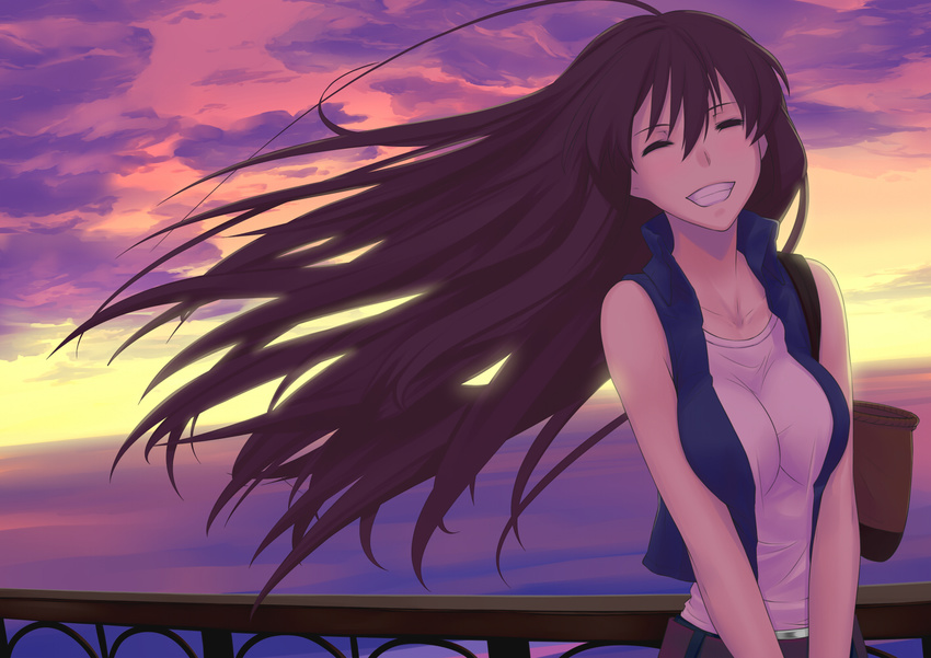 bad_id bad_pixiv_id bag breast_squeeze breasts closed_eyes cloud collarbone grin juu_ho long_hair medium_breasts ocean original shirt sky sleeveless sleeveless_shirt smile solo sunset vest