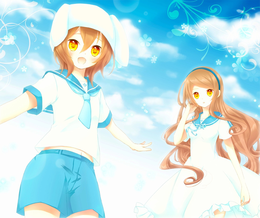 1girl :d akane_(goma) akira_(goma) animal_ears bad_id bad_pixiv_id blue_sailor_collar blush brother_and_sister brown_hair bunny_ears cloud day dress goma_(11zihisin) hairband hat long_hair midriff navel open_mouth original otoko_no_ko outstretched_arms sailor_collar sailor_dress short_hair shorts siblings sky smile spread_arms twins wavy_hair yellow_eyes