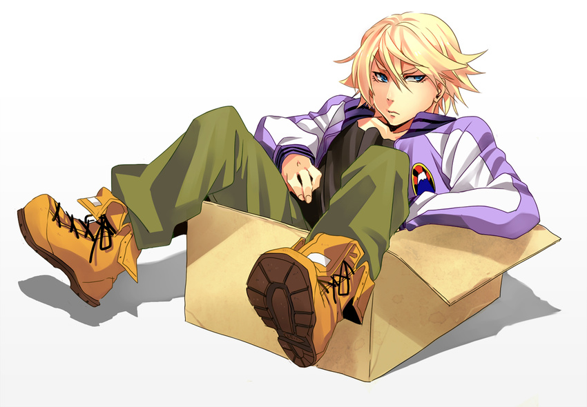 blonde_hair blue_eyes boots box cardboard_box dpzkzl full_body in_box in_container ivan_karelin jacket male_focus simple_background sitting solo tiger_&amp;_bunny