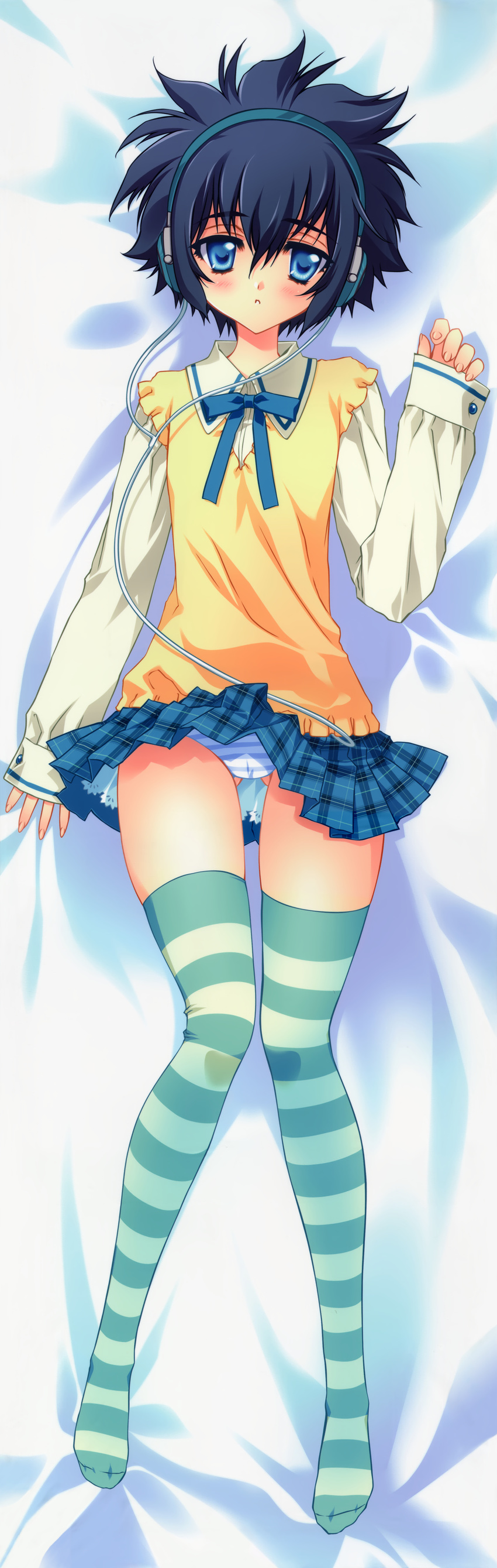 absurdres bed blue_eyes blush carnelian dakimakura full_body headphones highres panties para-sol plaid plaid_skirt scan school_uniform skirt solo striped striped_legwear striped_panties thighhighs underwear yatabe_miu