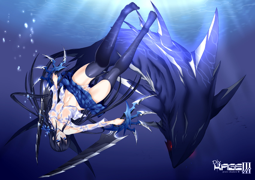 animal black_hair black_legwear blue_eyes bow bubble caustics daive dual_wielding fins freediving highres holding long_hair navel off_shoulder pixiv_shadow plaid plaid_skirt red_eyes shark skirt solo swimming sword thighhighs torn_clothes underwater upside-down very_long_hair weapon
