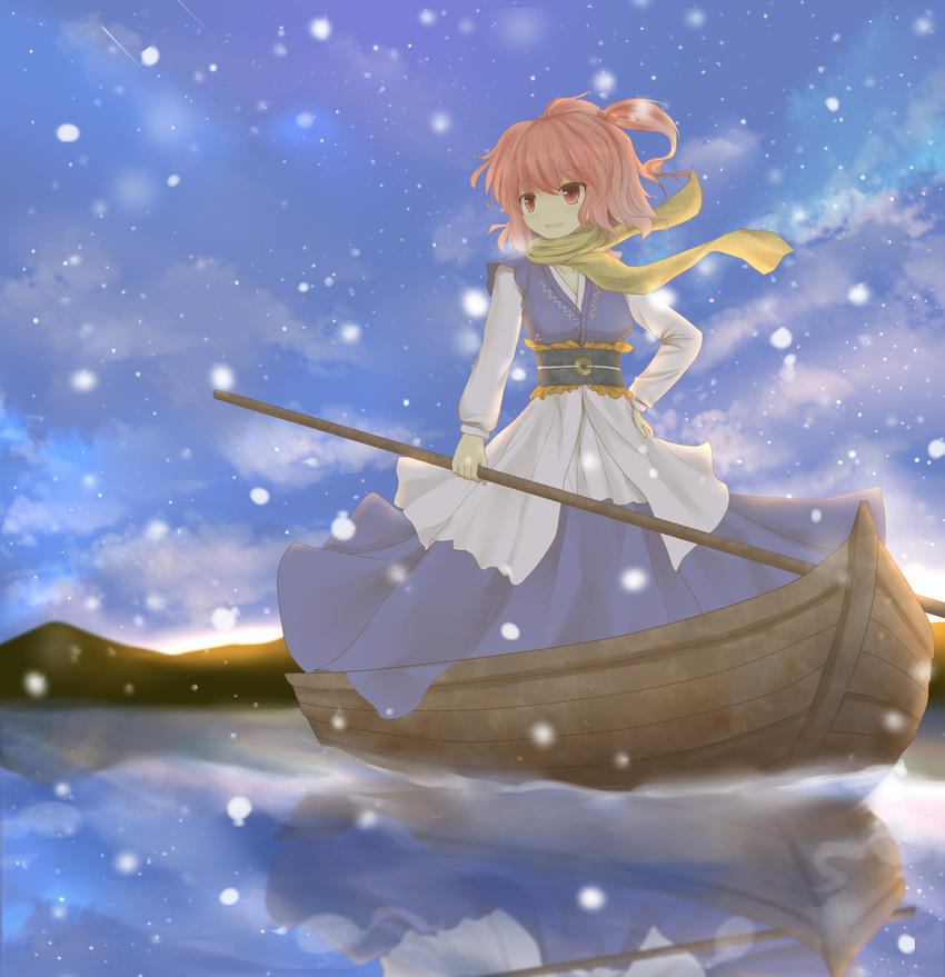 boat bunchou_(bunchou3103) hair_bobbles hair_ornament highres md5_mismatch onozuka_komachi pink_hair reflection scarf snow solo touhou water watercraft