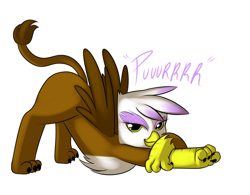 avian bent_over brown_fur english_text female feral friendship_is_magic fur gilda_(mlp) gryphon hasbro kloudmutt looking_at_viewer my_little_pony plain_background smile solo source_request stretching text white_background white_fur wing_boner wings yellow_eyes