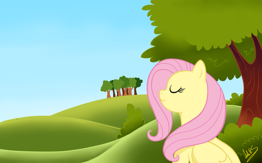 2011 cute equine eyes_closed female feral fluttershy_(mlp) friendship_is_magic hair hasbro horse mammal my_little_pony nana-z pegasus pink_hair pony solo tree wallpaper widescreen wings wood