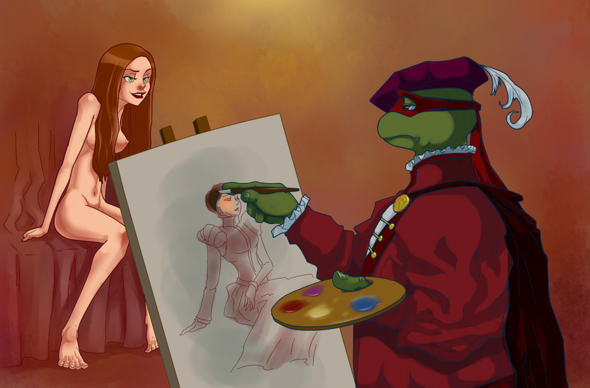 breasts expressionless flick-the-thief green_eyes green_skin half-closed_eyes hat hat_feather long_hair mask namesake nipples nude paintbrush painting painting_(object) palette raphael red_hair renaissance_clothes sitting teenage_mutant_ninja_turtles turtle