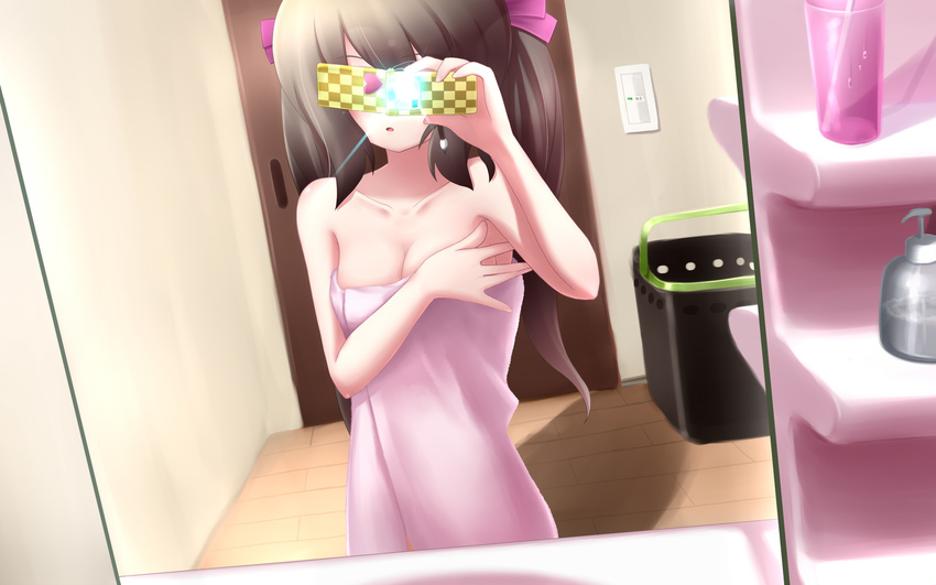 bathroom breasts brown_hair cellphone covering_eyes highres himekaidou_hatate large_breasts long_hair mille mirror naked_towel nude phone reflection ribbon self_shot solo touhou towel wallpaper