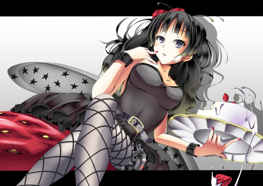 akiyama_mio alternate_hairstyle antennae belt black_eyes black_hair cake crossed_legs dress dutch_angle fishnet_pantyhose fishnets food fruit gumitaroo k-on! listen!! long_hair pantyhose pastry sitting solo strapless strapless_dress strawberry wings