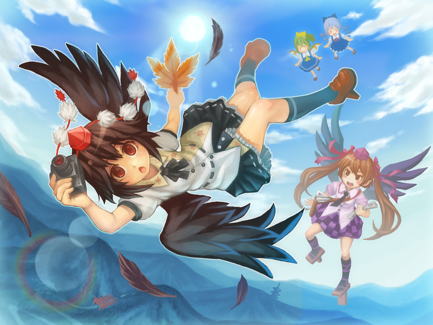 black_hair black_legwear black_wings brown_hair camera cirno cloud daiyousei day fan feathers flying geta hat highres himekaidou_hatate kneehighs long_hair multiple_girls newspaper red_eyes shameimaru_aya skirt sky tengu-geta tokin_hat torii touhou twintails very_long_hair w.f wings