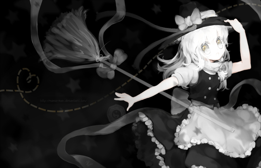 apron black braid broom hand_on_headwear hat high_contrast kirisame_marisa mini-hakkero monochrome namie-kun solo spot_color touhou waist_apron witch_hat yellow_eyes