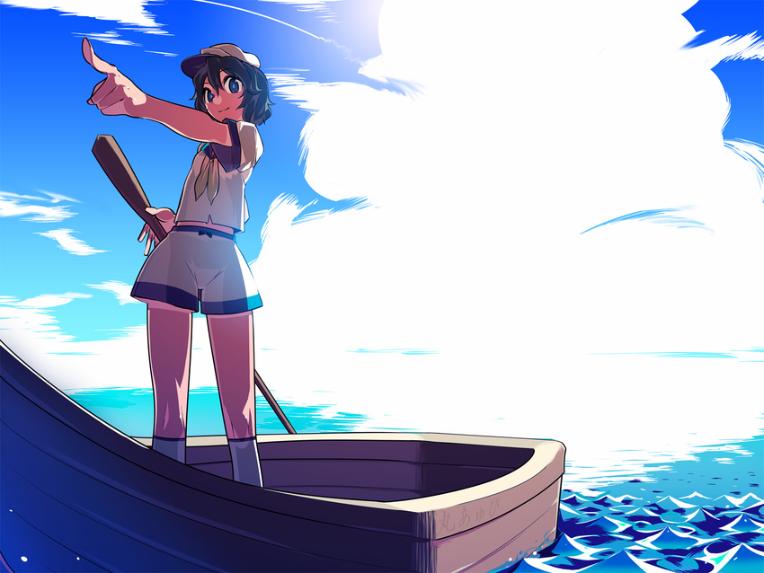 bad_id bad_pixiv_id black_hair blue_eyes boat foreshortening highres murasa_minamitsu ocean pointing sailor short_hair shorts smile solo standing touhou tsuru_(clainman) water watercraft