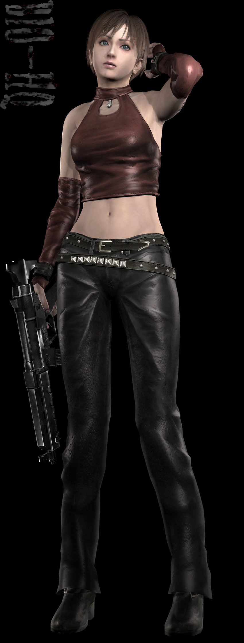 3d absurdres alternate_costume artist_request elbow_gloves gloves highres leather midriff rebecca_chambers resident_evil solo