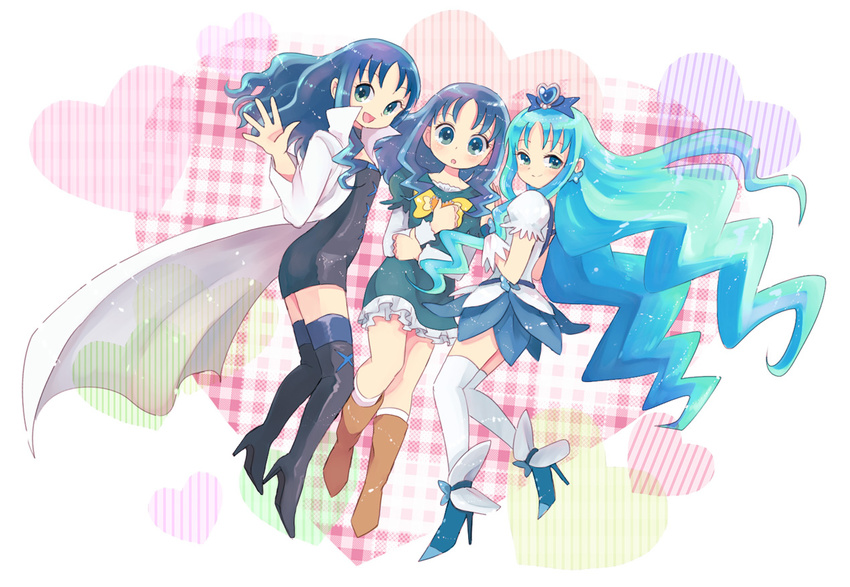 blue blue_eyes blue_hair blue_skirt commentary_request costume_chart cure_marine cure_marine_mirage dark_persona heart heartcatch_precure! kurumi_erika long_hair magical_girl mirage_precure multiple_girls multiple_persona oota precure skirt thighhighs