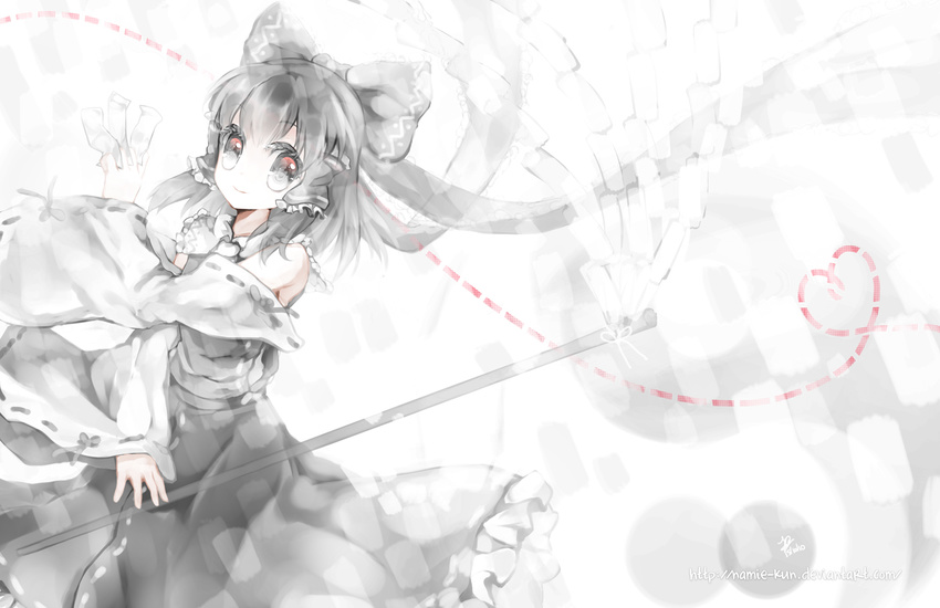 between_fingers bow detached_sleeves gohei hair_bow hair_tubes hakurei_reimu monochrome namie-kun ofuda oonusa red_eyes short_hair smile solo spot_color touhou wallpaper