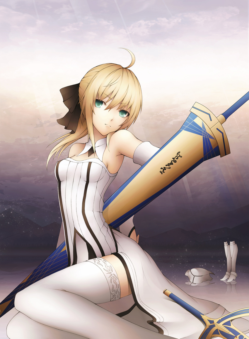 1girl absurdres ahoge avalon_(fate/stay_night) blonde_hair bow caliburn capcom excalibur fate/stay_night fate/unlimited_codes fate_(series) green_eyes hair_bow highres kyoeiki ponytail saber saber_lily sheath sheathed solo sword thighhighs weapon