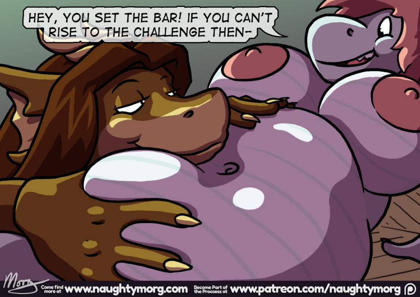 2018 belly big_belly big_breasts breasts comic dialogue dickgirl dragon duo english_text female hair hyper hyper_belly intersex naughtymorg nude pink_hair smug text